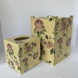 Vintage Croscill Cottage Rose 2 Piece Set Waste Basket Tissue Box Cover Wooden